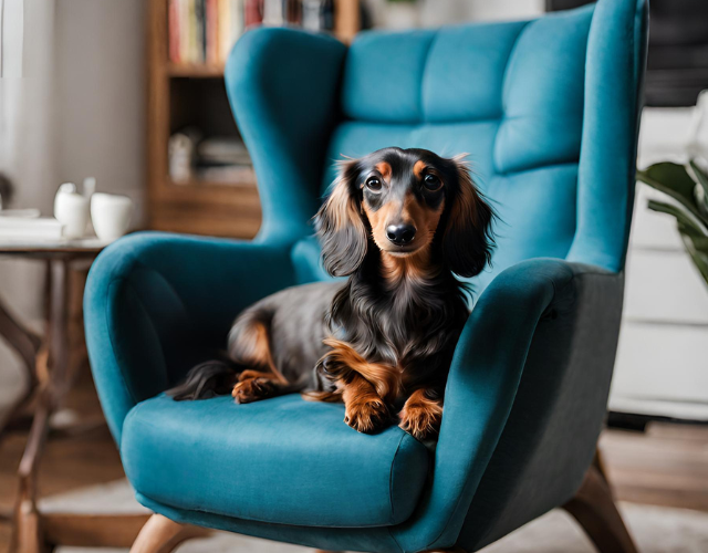 longhaired dachshund sitting on a modern blue chair in a home